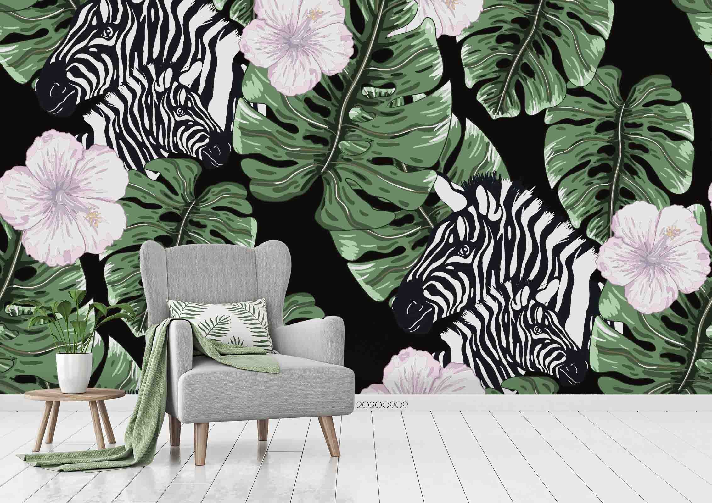 3D Zebra Animal Pink Floral Green Leaves Wall Mural Wallpaper Lxl 387