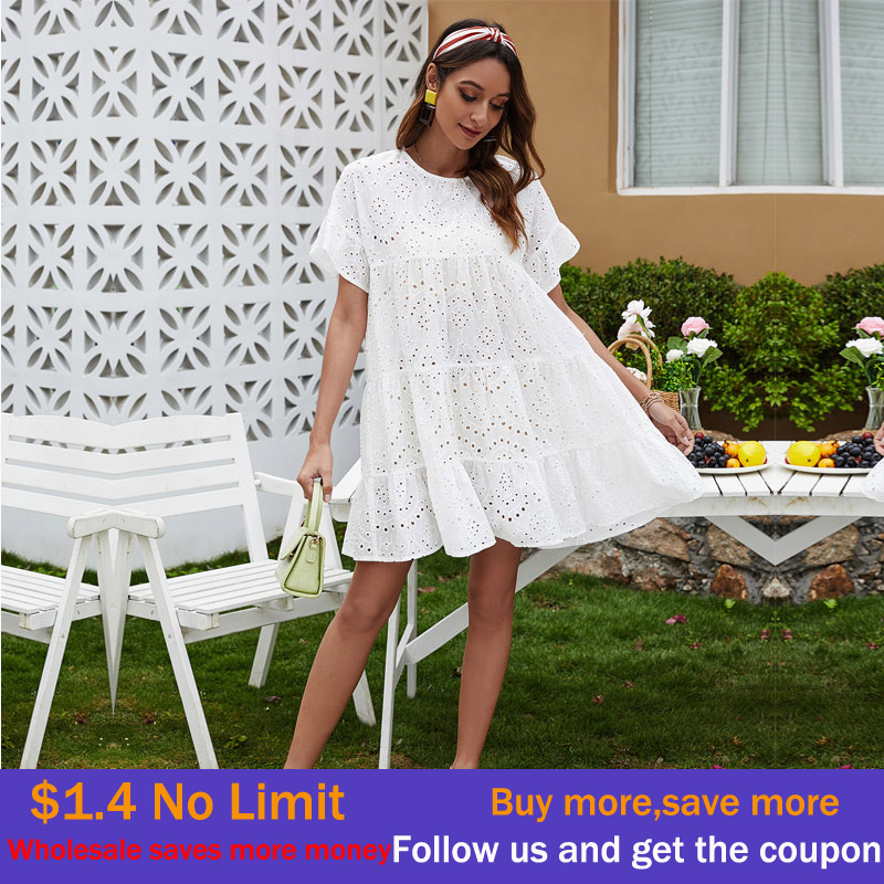 Women White Dress Fashion Short Sleeve Mini Dresses 2022 Embroidery Round Neck 100%Cotton Hollow Out Loose Swing Female Vestidos alx