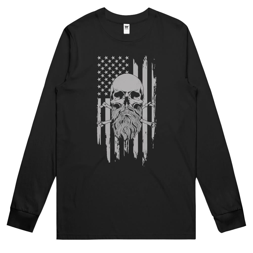 American Bearded Skull And Crossbones Flag Long Sleeve T Shirts