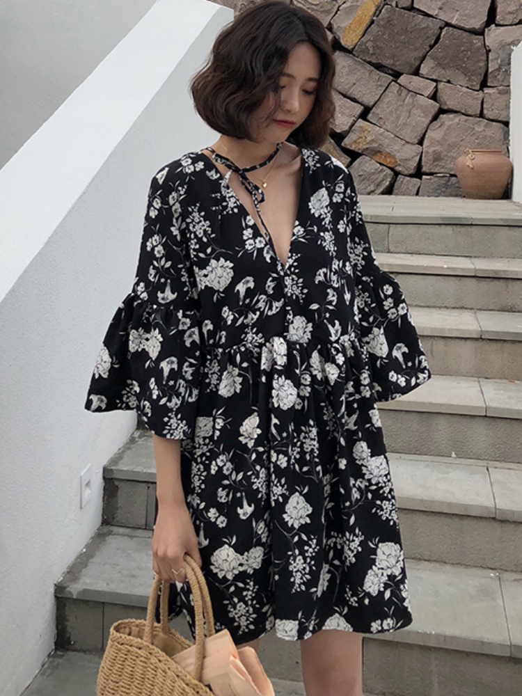 Spring Summer Fashion Female Vintage Print Floral Short Sleeve oversize Loose Chiffon Dress Women Casual Mini Dresses Vestidos alx