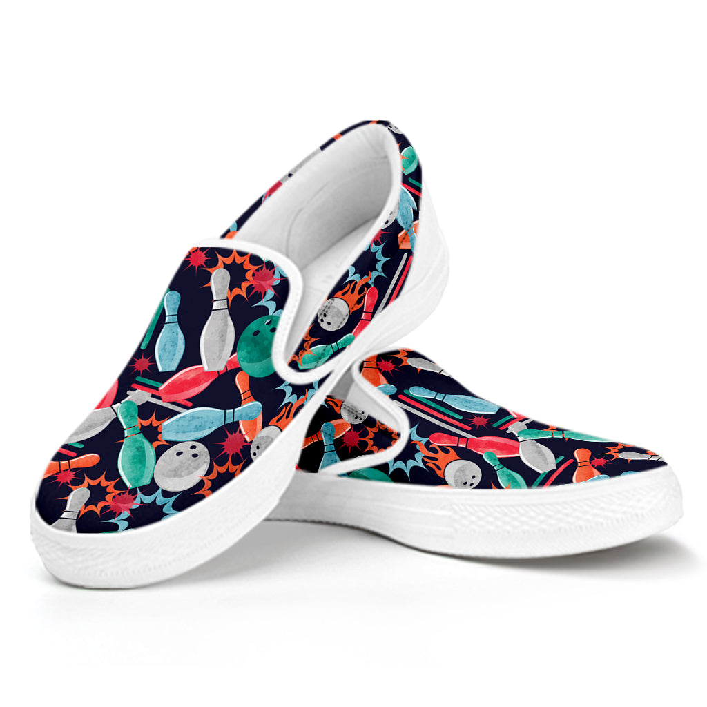 Watercolor Bowling Theme Pattern Print White Slip On Shoes