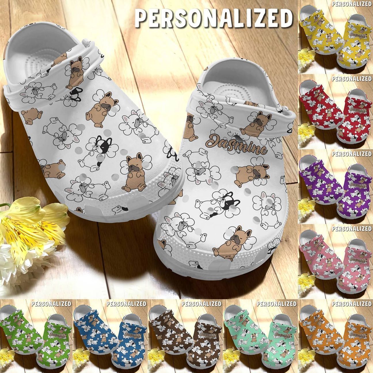 French Bulldog Personalized Clog, Custom Name, Text Sleeping French Bulldogs, Fashion Style For Women, Men, Kid, Print 3D