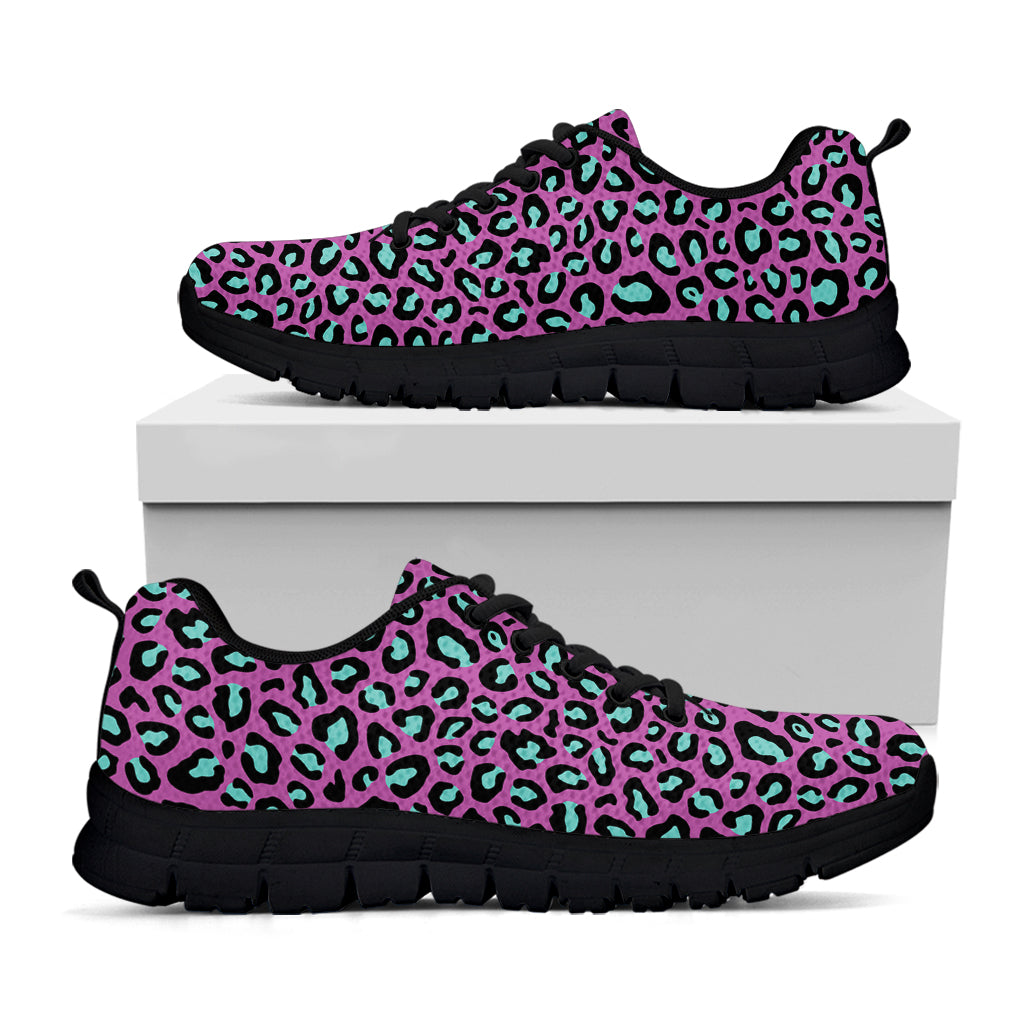 Purple And Teal Leopard Pattern Print Black Sneakers