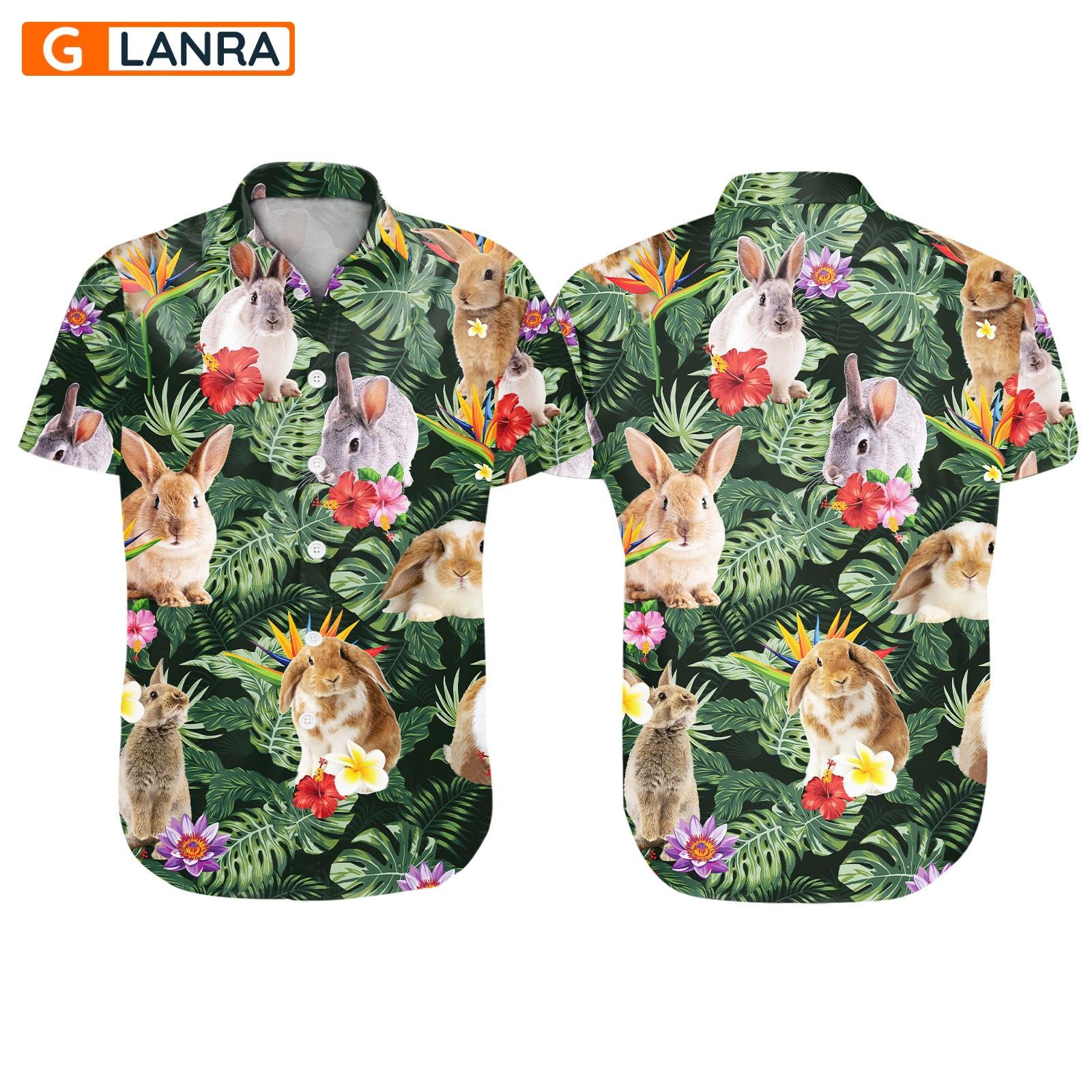 Rabbit Tropical Leaves Flower Button Shirt, Rabbit Button Shirt, Summer Rabbit Hawaiian Shirt, Rabbit Leaf Hawaiian Shirt, Summer Tropical Shirt