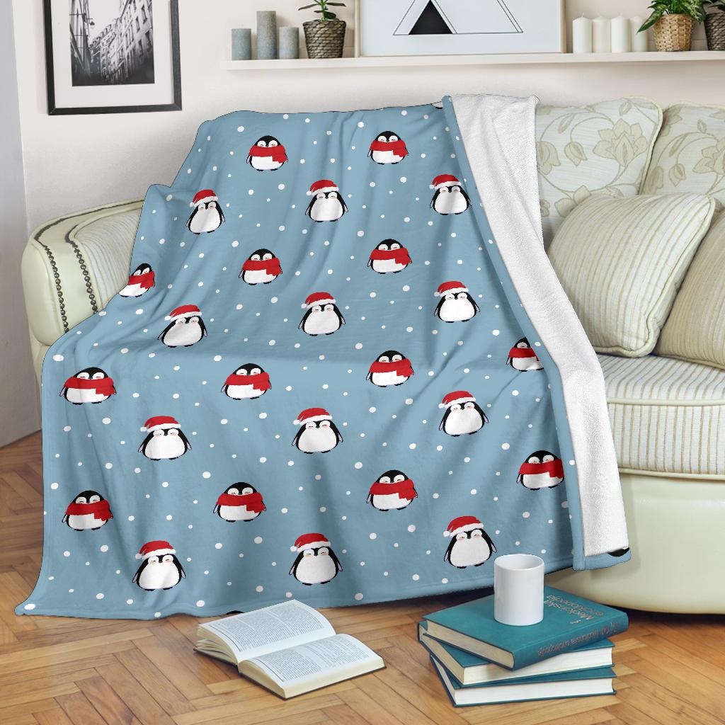 Cute Penguin Christmas Snow Pattern Premium Blanket