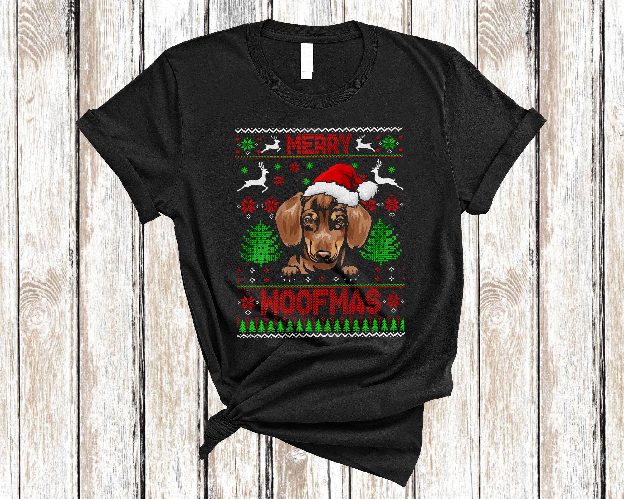 Christmas Dog Shirt Merry Woofmas Funny Ugly Christmas Santa Dachshund Dog Sweater Gifts T-Shirt