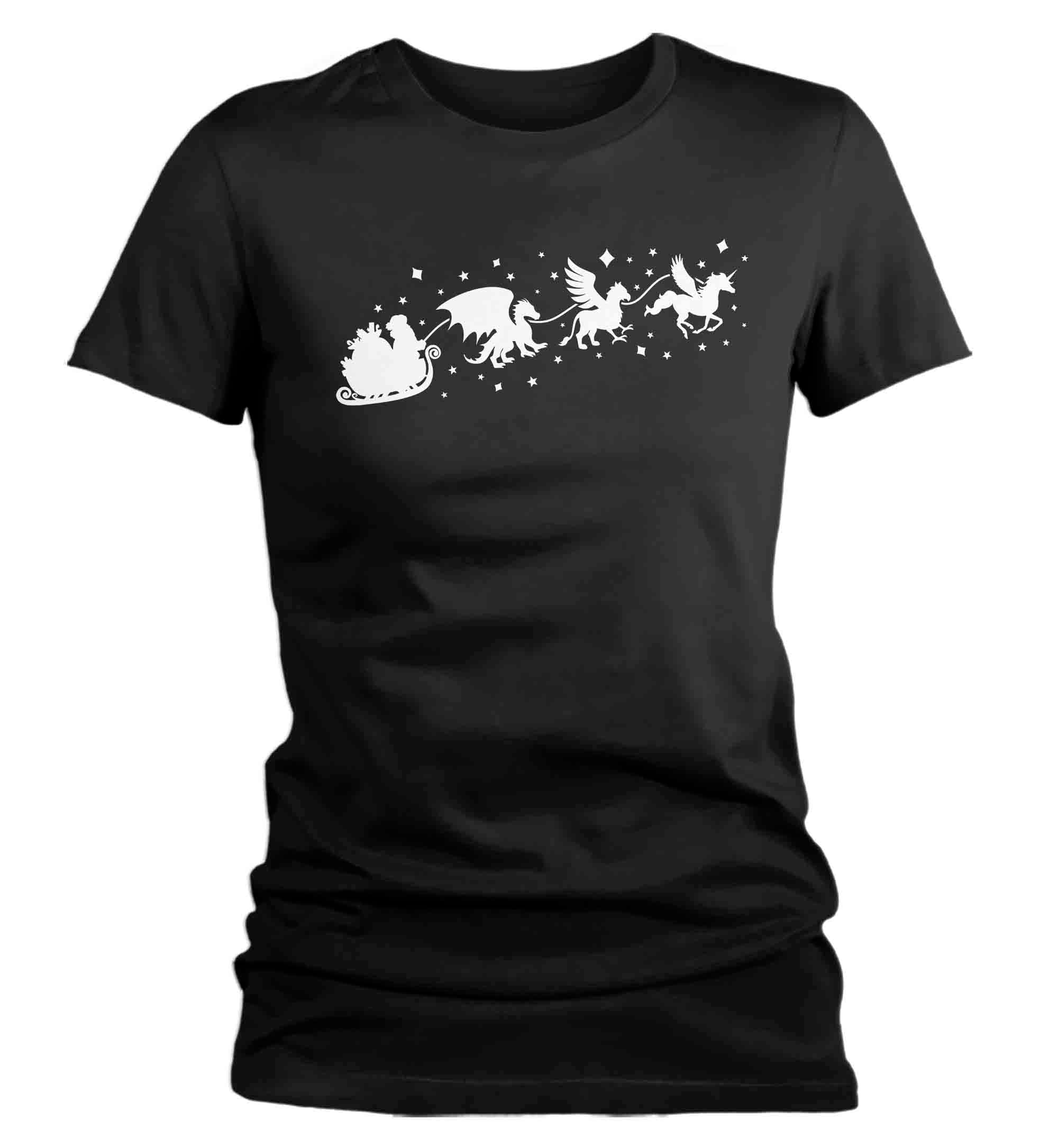 Women’S Funny Christmas Tshirt Dragon Shirts Unicorn T Shirt Mythical Holiday Tee Santa Sleigh Ladies Soft Graphic T-Shirt