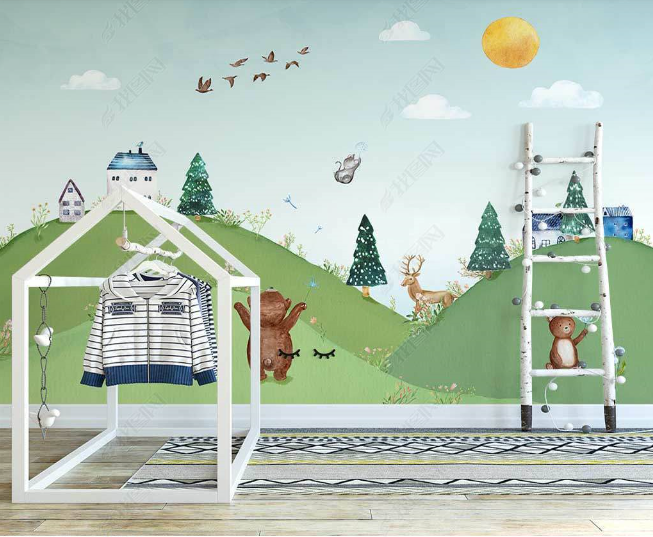 3D Cartoon Sky Mountain House Animal Wall Mural Wallpaper Lqh 45