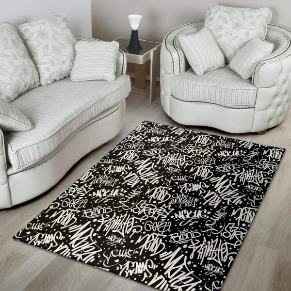 White And Black Graffiti Doodle Text Print Area Rug