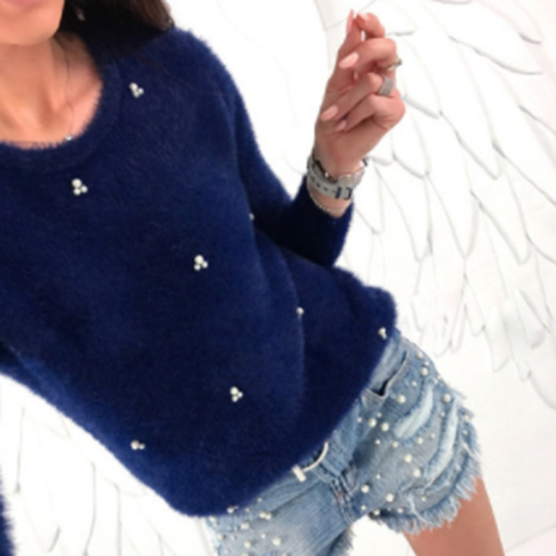 Autumn Winter Sweater Women Fashion Faux Pearl Beading Solid Color Sweaters Plush Long Sleeve Pullover Warm Sweater Femme alx