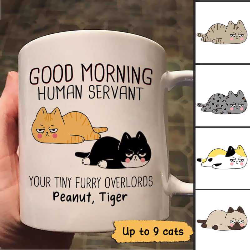 Good Morning Happy Father‘S Day Human Servant Angry Lying Cats Personalized Mug