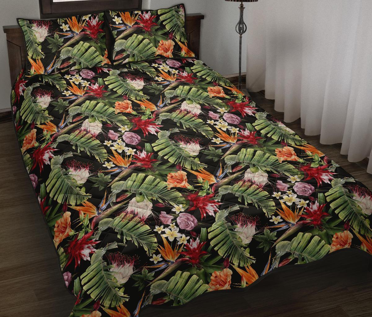 Hawaii Quilt Bed Set Tropical Flowers Watercolor. AH J1