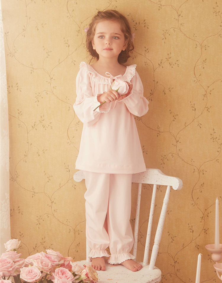 Autumn Winter Children Girls Lolita Pink Pajama Sets.Round Neck Tops+Pants.Vintage Toddler Kid Pyjamas set.Royal Style Sleepwear alx