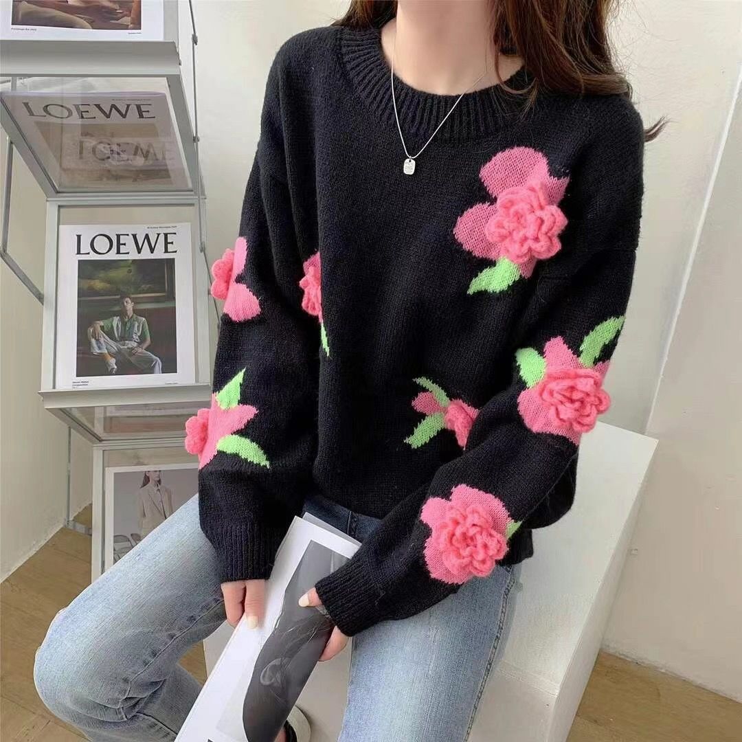 2022 Autumn Winter Women Retro O-neck Loose Pullover Tops Female 3D Flower Sweater Tops Ladies Long Sleeve Knitted Tops O358 alx