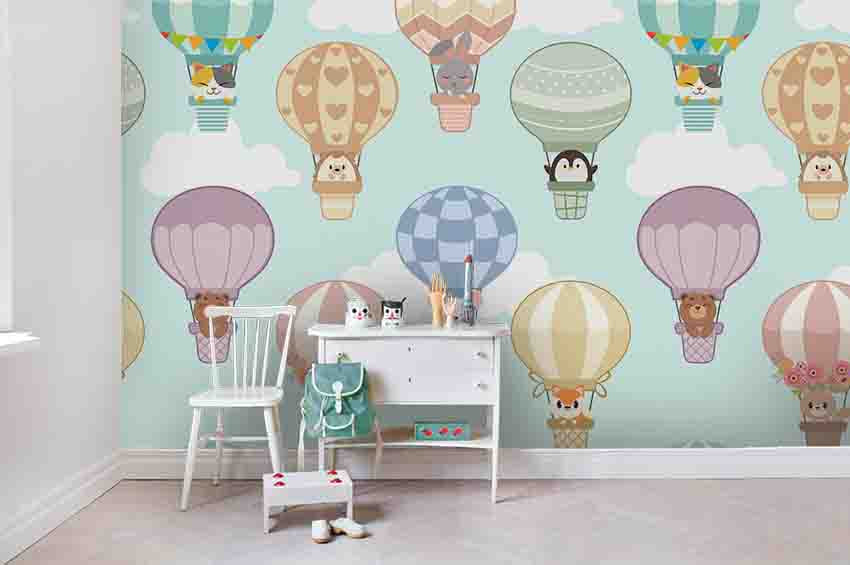 3D Cartoon Animal Hot Air Balloon Wall Mural Wallpaper Sf04