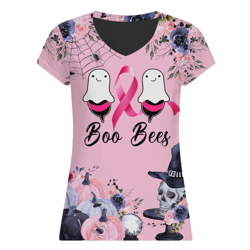 Breast Cancer Awareness Halloween Pumpkin Boo Bees Wear Pink Ribbon V Neck Tshirt Hg