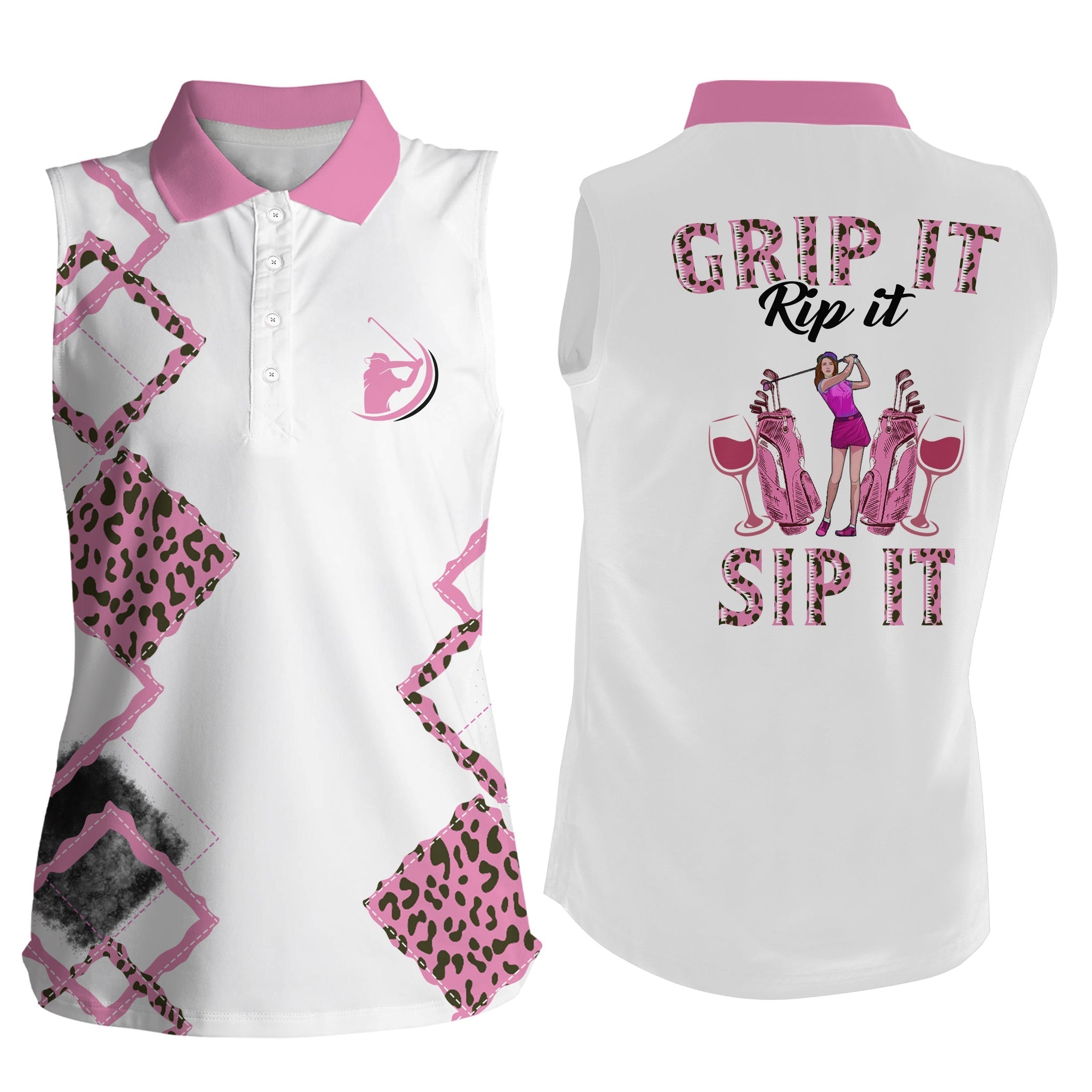 Pink Leopard Women Sleeveless Polo Shirt Grip It Rip It Sip It, Womens Golf Tanks Golf Tops For Ladies