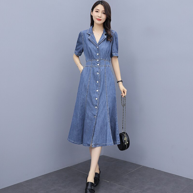 Women’s Summer Vintage Denim Dresses New Suit Collar Single Breasted Long Jeans Dress Elegant Ladies Office Dress Vestidos 3XL alx