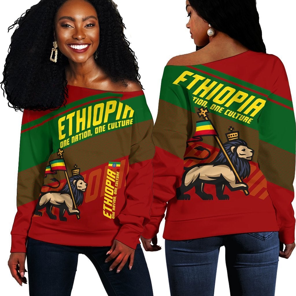 Wonder Print Shop Sweater – Lion Of Judah Ethiopia Women Off Shoulder – Fifth Style