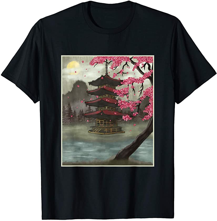 Cherry Blossom Vintage Japanese Temple Sakura Woodblock Art T-Shirt ...