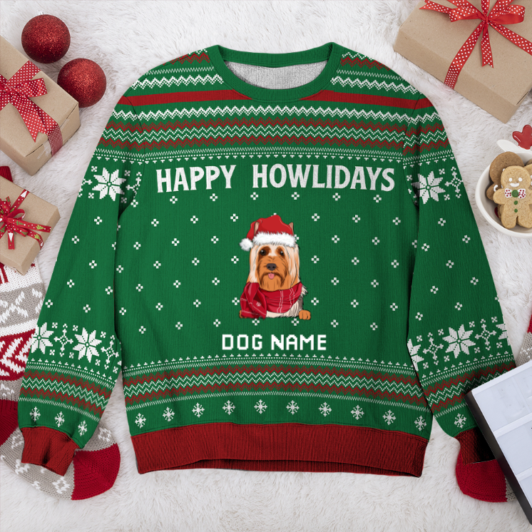 Australian Silky Terrier Happy Howlidays Personalized Sweater, Dog Ugly Christmas Sweater