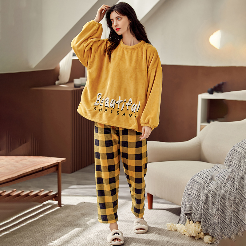 ATUENDO Winter Wamr Fashion Solid Pajamas Sets for Women 100% Fleece Plush Vintage Sleepwear Atoff Home Flannel Velvet Nightwear alx