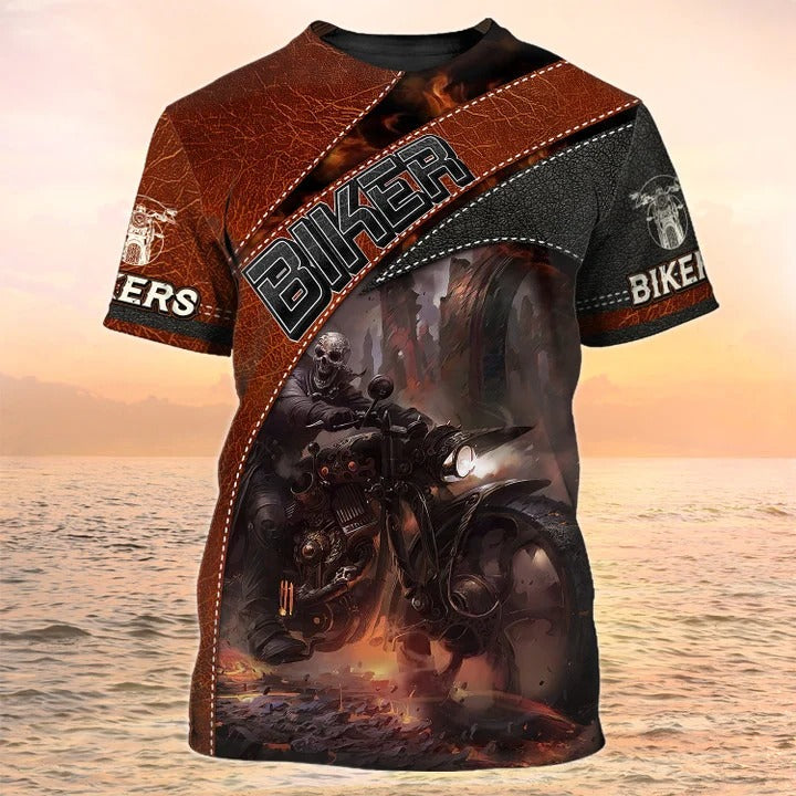 3D Print Biker Shirt Leather Pattern, Skull Biker Tshirt Gifts For Men