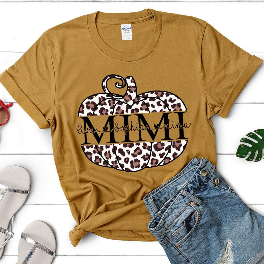 Mimi Pumpkin Leopard Custom Nickname And Grandkid Name | Personalized T-Shirt