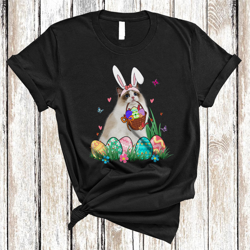 Bunny Ragdoll Cat With Easter Egg Basket Funny Easter Day Flower Egg Hunt Cat Lover Gifts T-Shirt