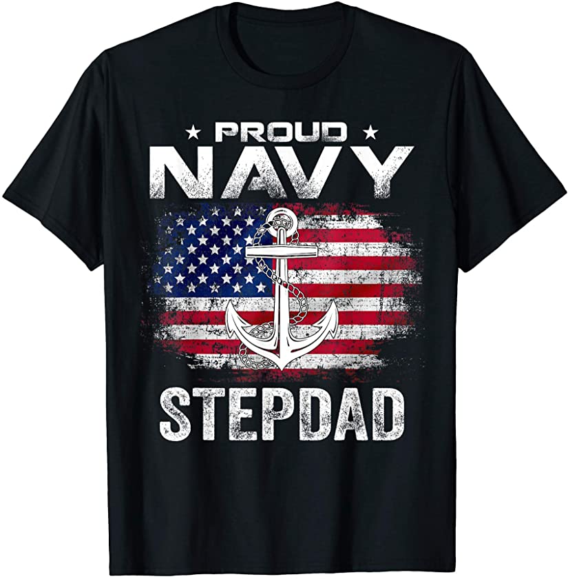 Vintage Proud Navy Stepdad With American Flag Gift Veteran T-Shirt