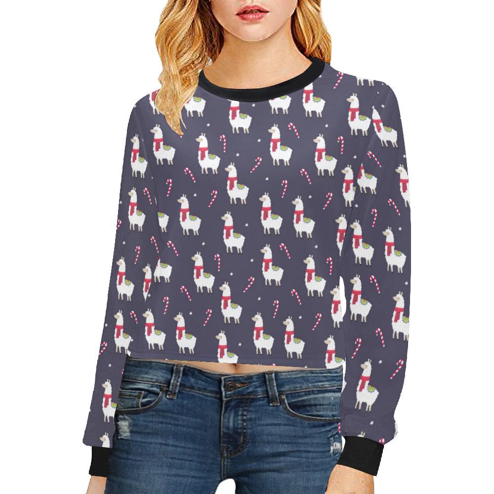 Llama With Candy Cane Themed Print Cropped Pullover Sweatshirt