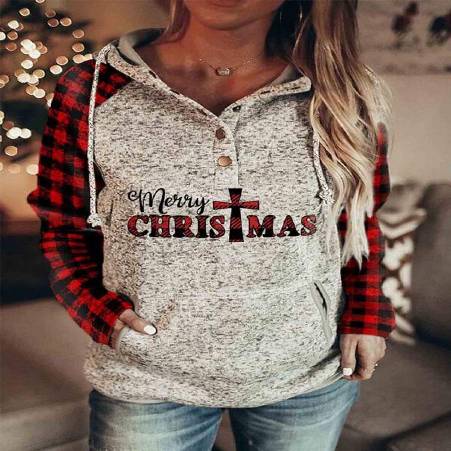 Merry Christmas Print Plaid Splicing Drawstring Hoodies With Button
