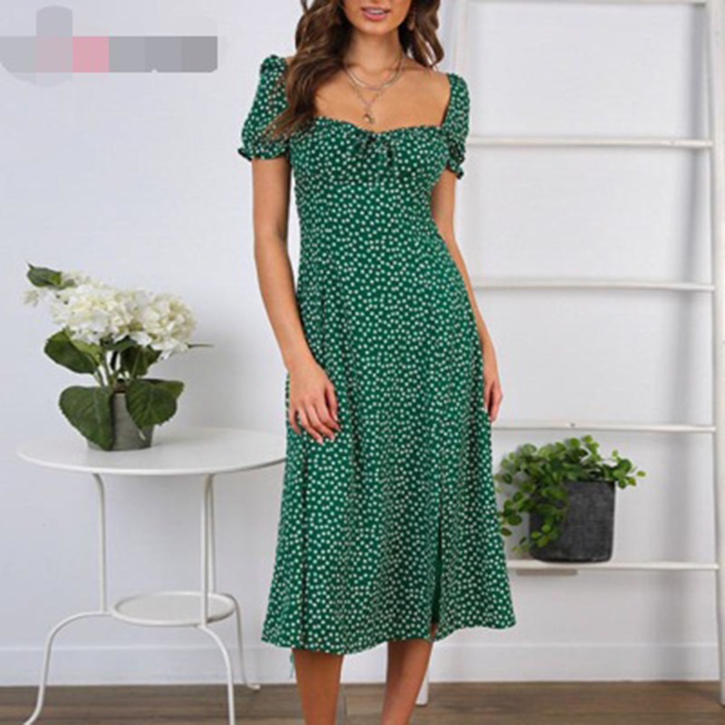 Woman Summer Vintage Party Dress Square Collar Ruffle Elegant Sexy Dress Beach Female Green Floral Dress alx