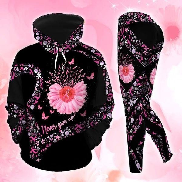 Breast Cancer Pink Flowers 3D Hoodie Legging Set Combo
