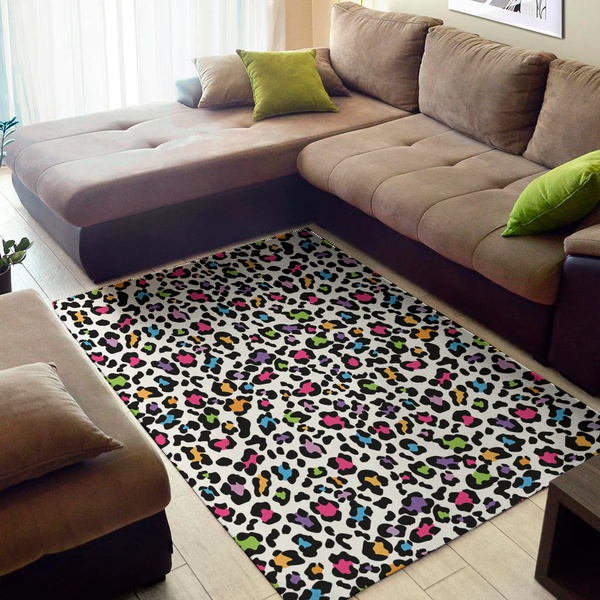 White And Rainbow Leopard Print Area Rug