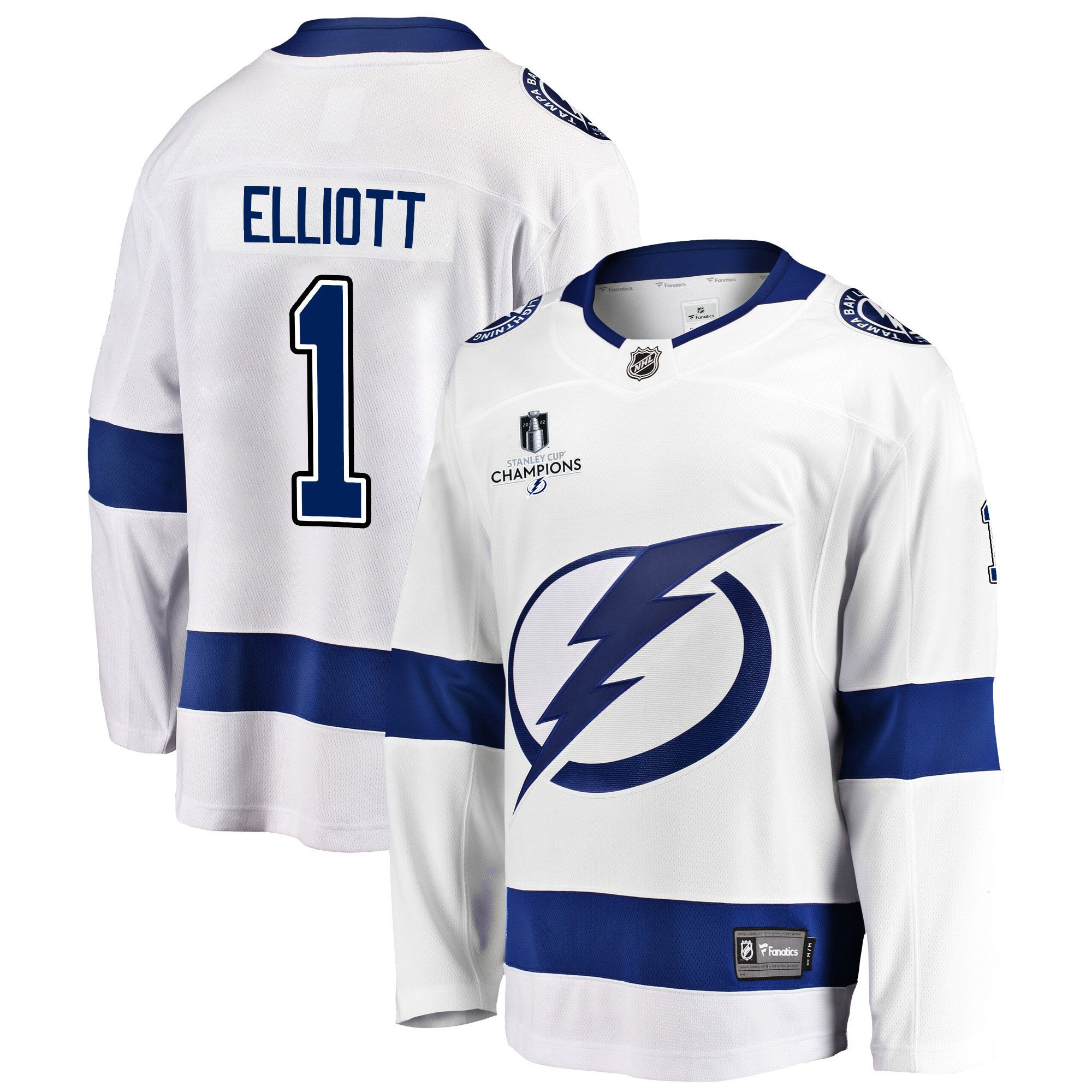 Tampa Bay Lightning Brian Elliott 1 Away 2022 Stanley Cup Champions Breakaway Men Jersey – White