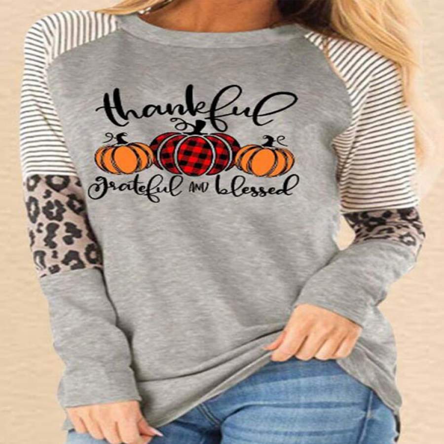 Thanksgiving Pumpkin Plaid Splicing Leopard Stripes Print Sweatshirts