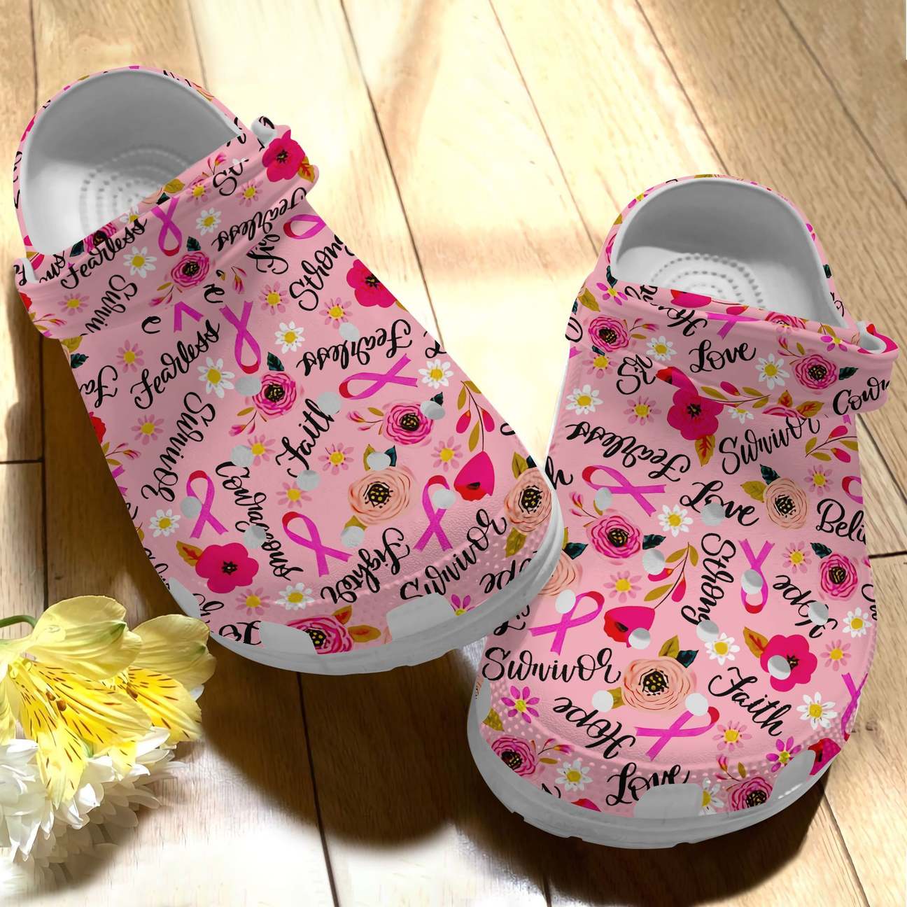 Breast Cancer Personalize Clog, Custom Name, Text, Fashion Style For Women, Men, Kid, Print 3D Whitesole Breast Cancer Awareness