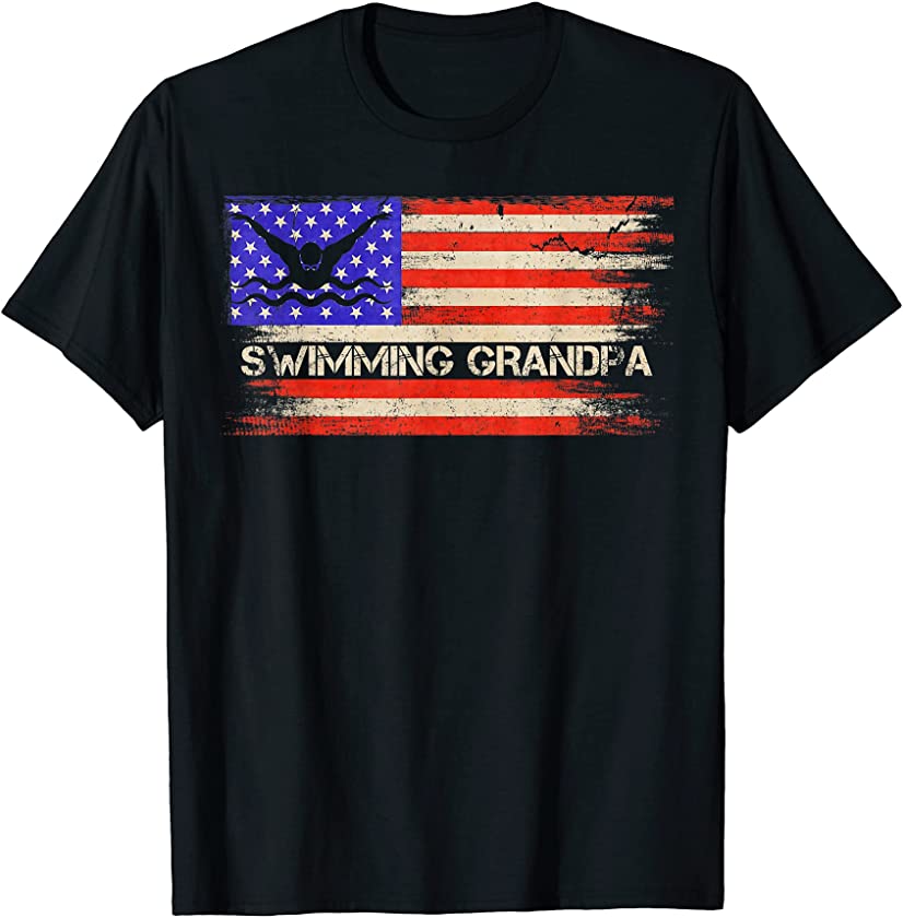 Vintage USA Flag Proud Swimming Grandpa Swimmer Silhouette T-Shirt