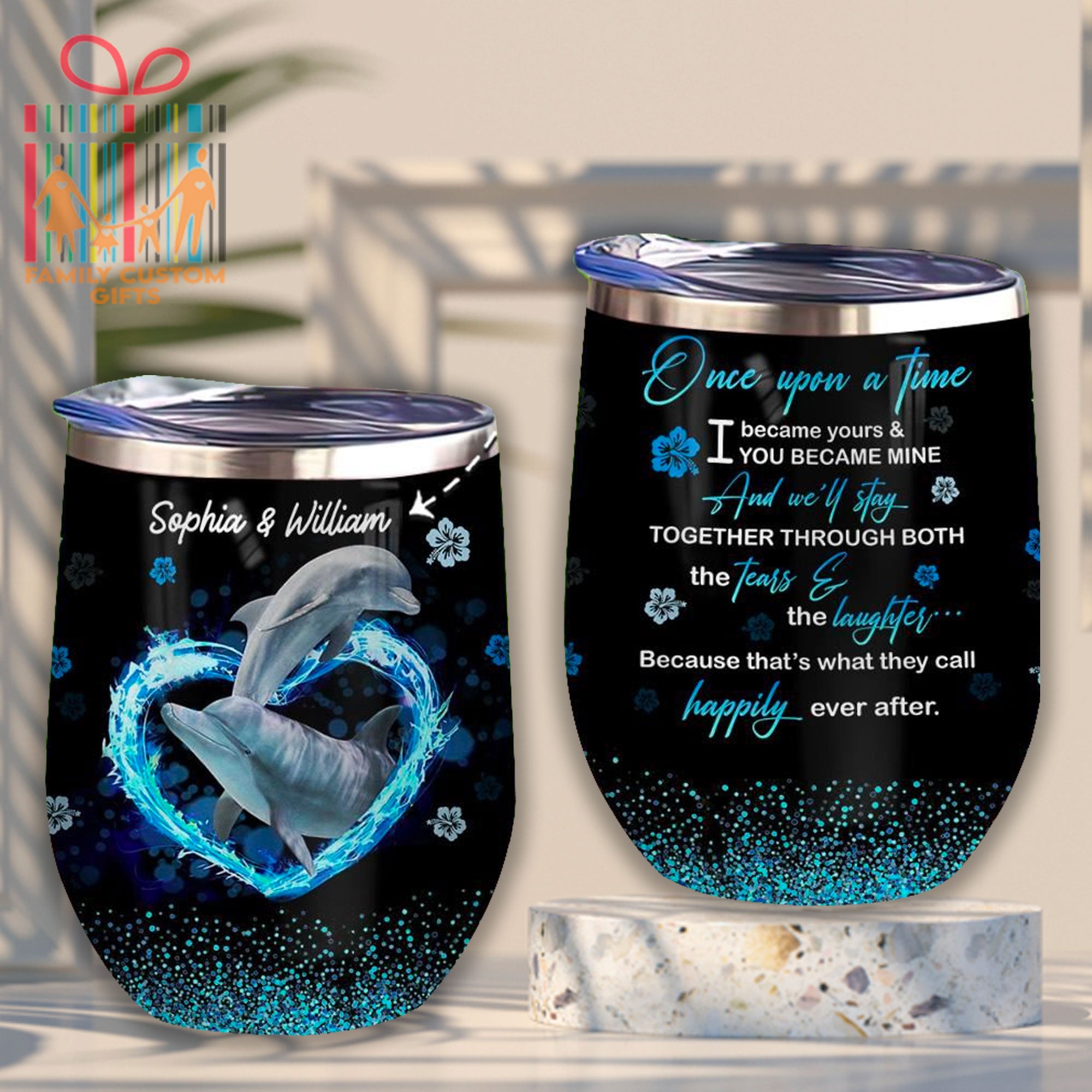 Cute Couple Dolphin Love Blue Ocean Custom Tumbler Cups For Her & Him Personalized Stainless Steel Wine Glasses