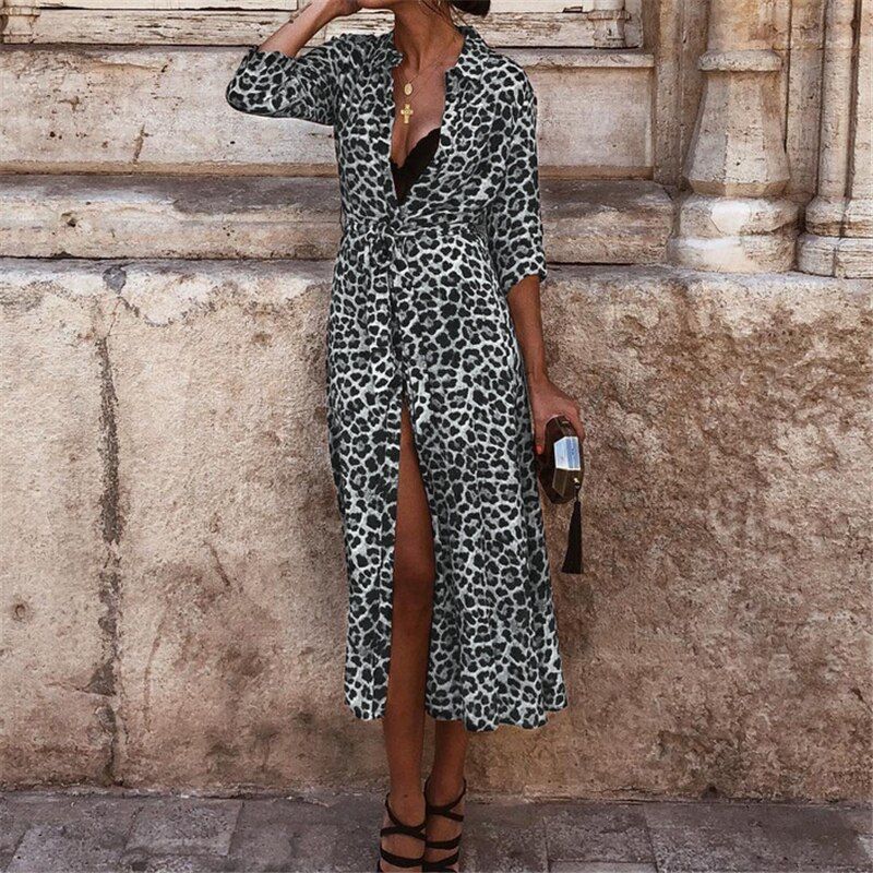 Spring Leopard Print Sexy V Neck Long Sleeve Long Dress