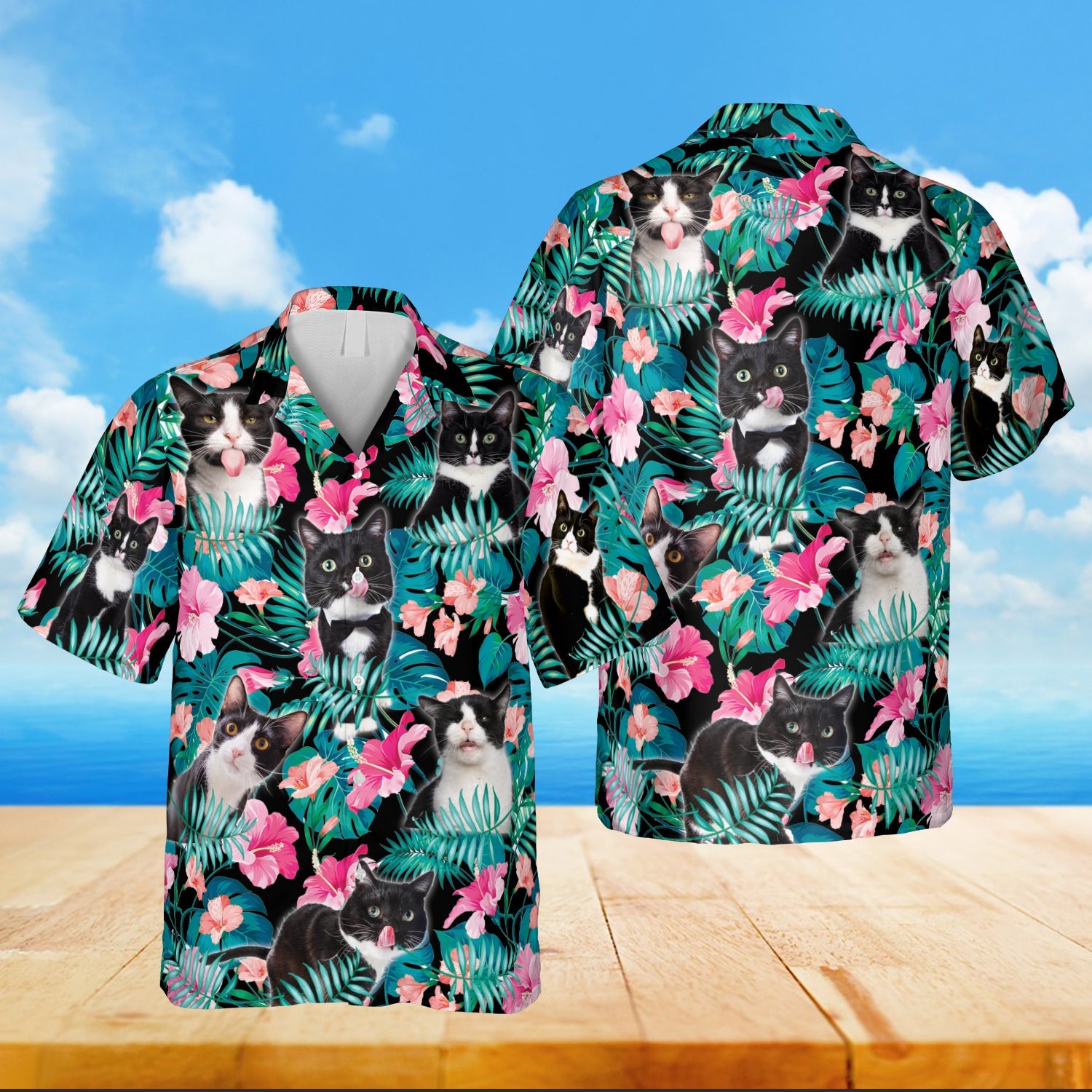 Floral Black And White Tuxedo Cats Hawaii Cat Lovers Shirt Ha52000