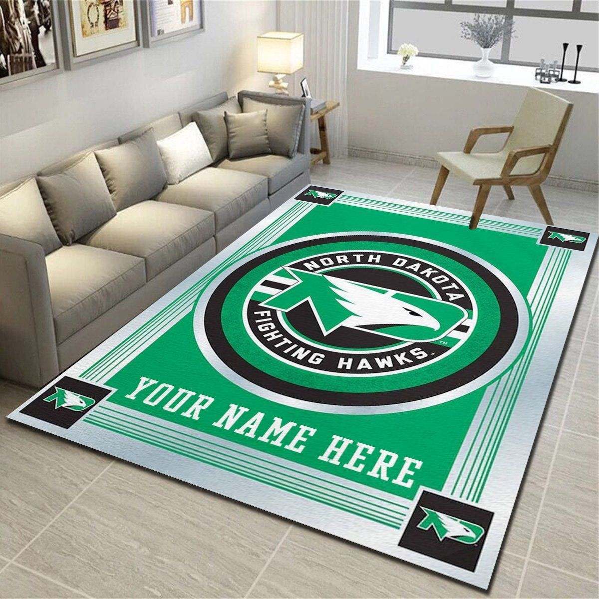 North Dakota logo Personalized Area Rug, Team Living Room Carpet, Customized Man Cave Floor Mat