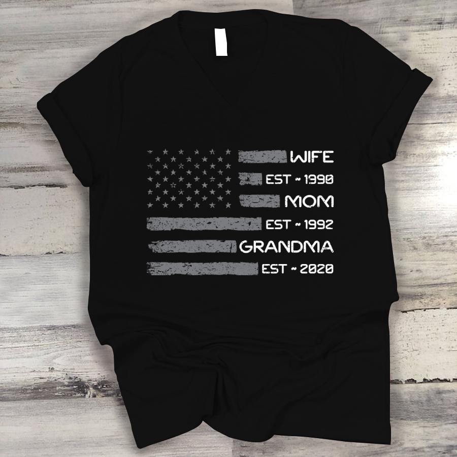 Wife Mom Grandma Est Flag V-Neck