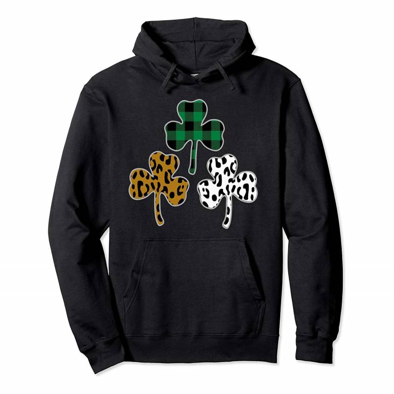 Three Shamrocks Leopard Buffalo Plaid Clover St Patricks Day Pullover Hoodie