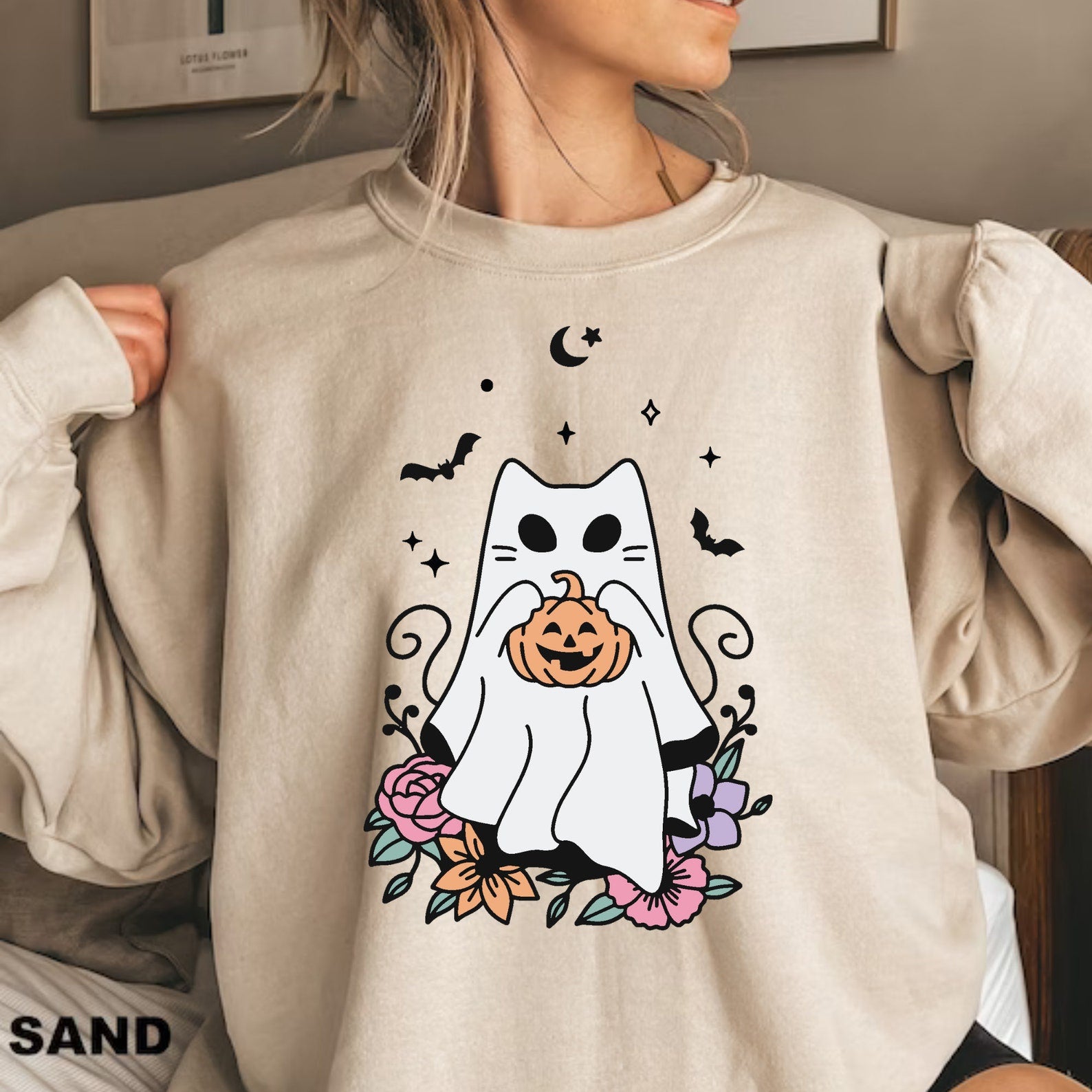 Ghost Cat Halloween Sweatshirt 2D Crewneck Sweatshirt All Over Print Sweatshirt For Women Sweatshirt For Men Sws3853