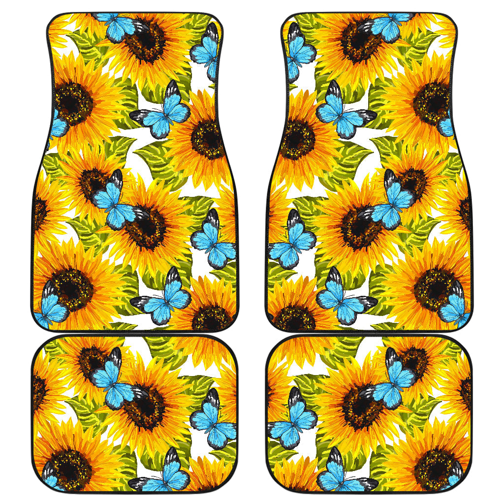 Blue Butterfly Sunflower Pattern Print Front And Back Car Floor Mats, Front Car Mat