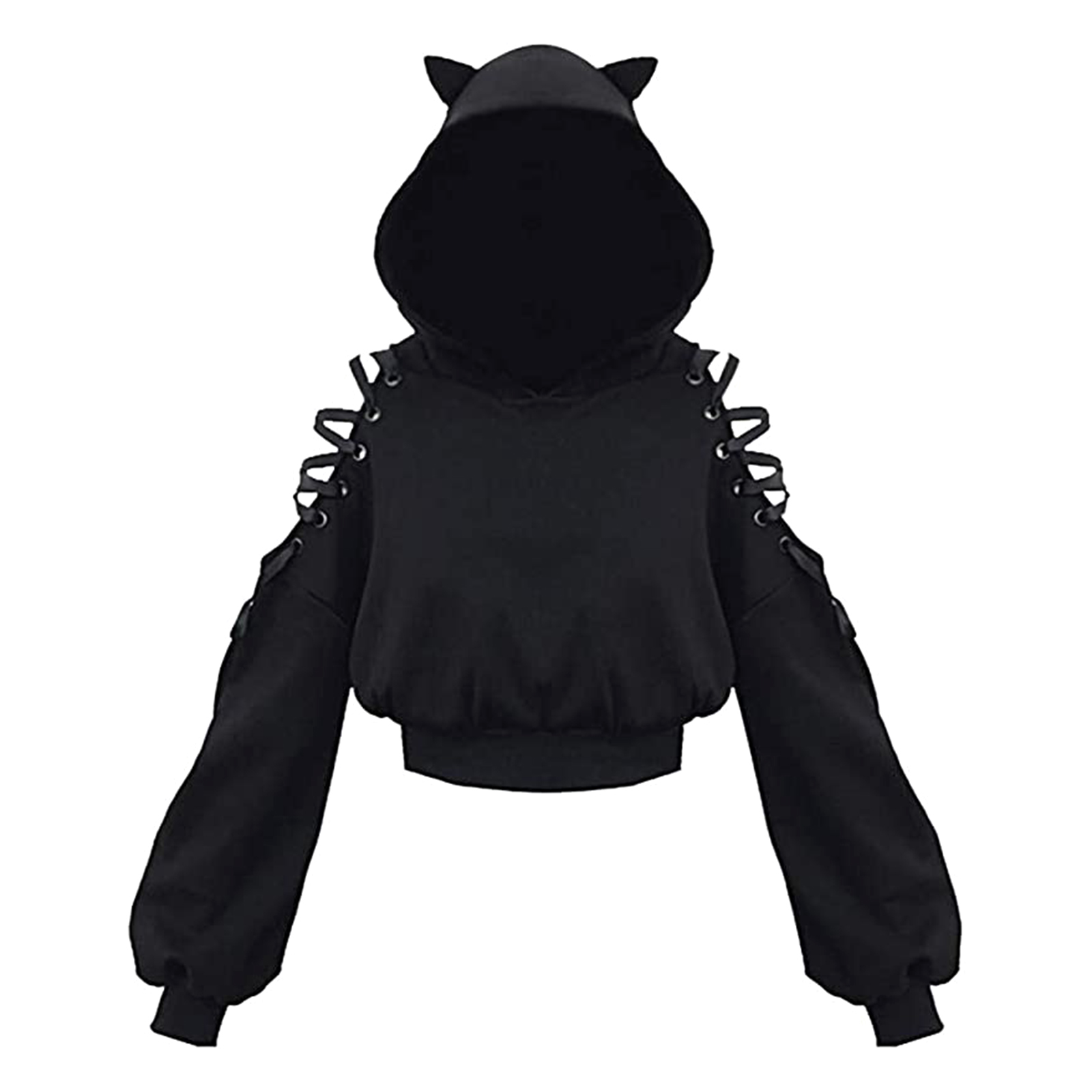 Women Long Sleeve Hoodies Kawaii Cat Ears Hoodie Gothic Punk Harajuku Cold Shouler Bandage Gothic Black Sweatshirts alx