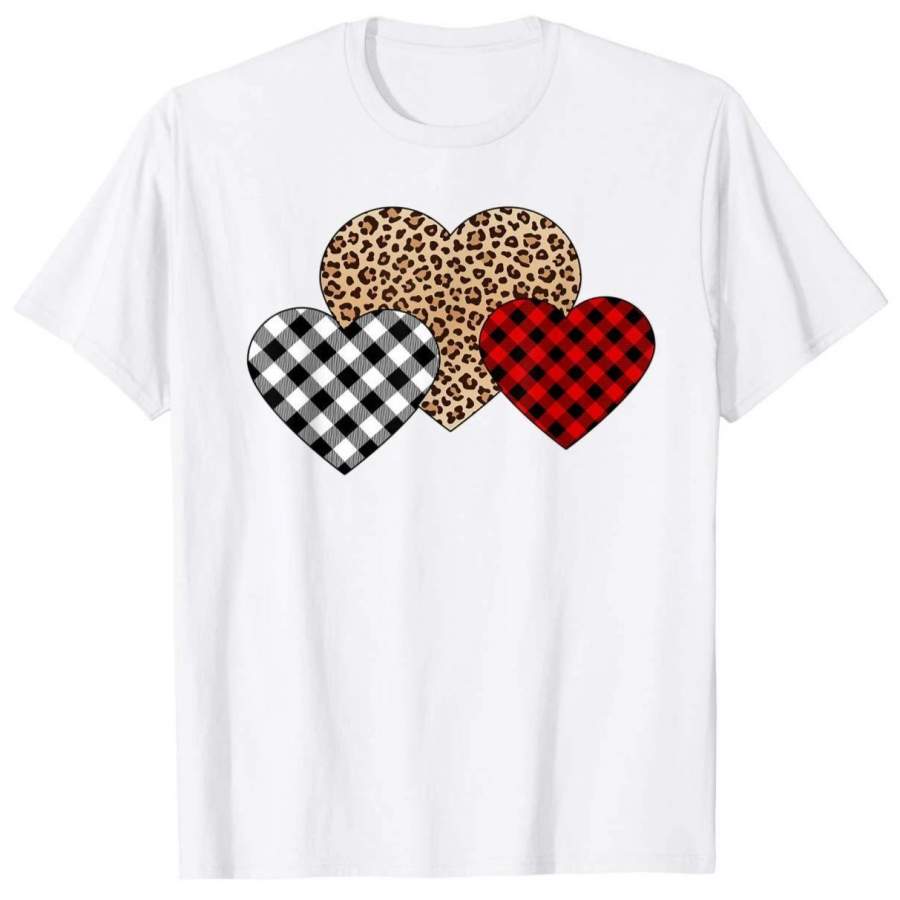 Best Gift Valentine’s day T-Shirt Three Hearts Leopard Buffalo Plaid