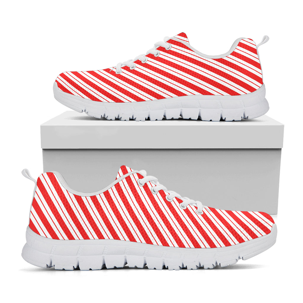 Red And White Candy Cane Stripes Print White Sneakers